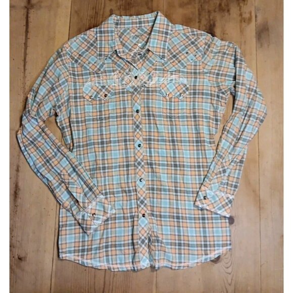 Wrangler Tops - Wrangler Rock 47 Womens L Shirt Plaid Rhinestone Snap Front Embroidered Cotton
